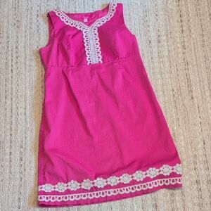 Pappagallo Dress Womens 12 Bright Pink Sleeveless Tunic with White Lace Trim